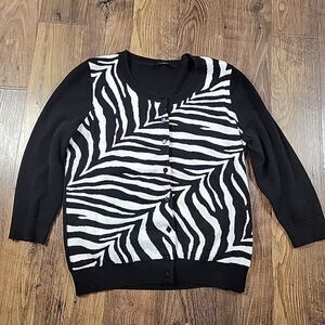 Talbots Cardigan Sweater Womens Lp Petite Black Button Up Zebra 3/4 Sleeve